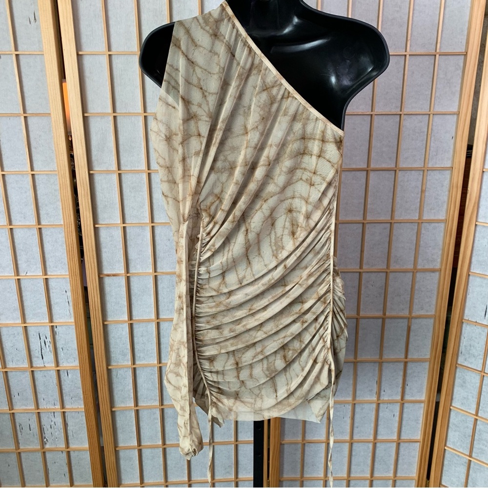 Zara Tan and Brown Asymmetrical Ruched Cocktail Dress - Picture 2 of 15